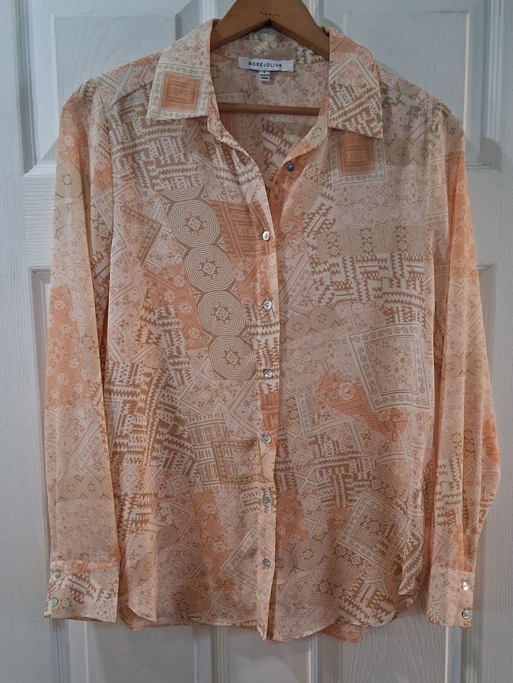 Rose & Olive Peach and Cream Printed Long Sleeve Button-Down Shirt